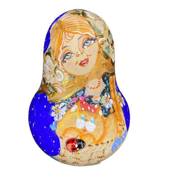 RUSSIAN ROLY POLY WOODEN‎ DOLL NEVALYASHKA Blue Cat Bell Music Ladybug Handpaint - Picture 1 of 9